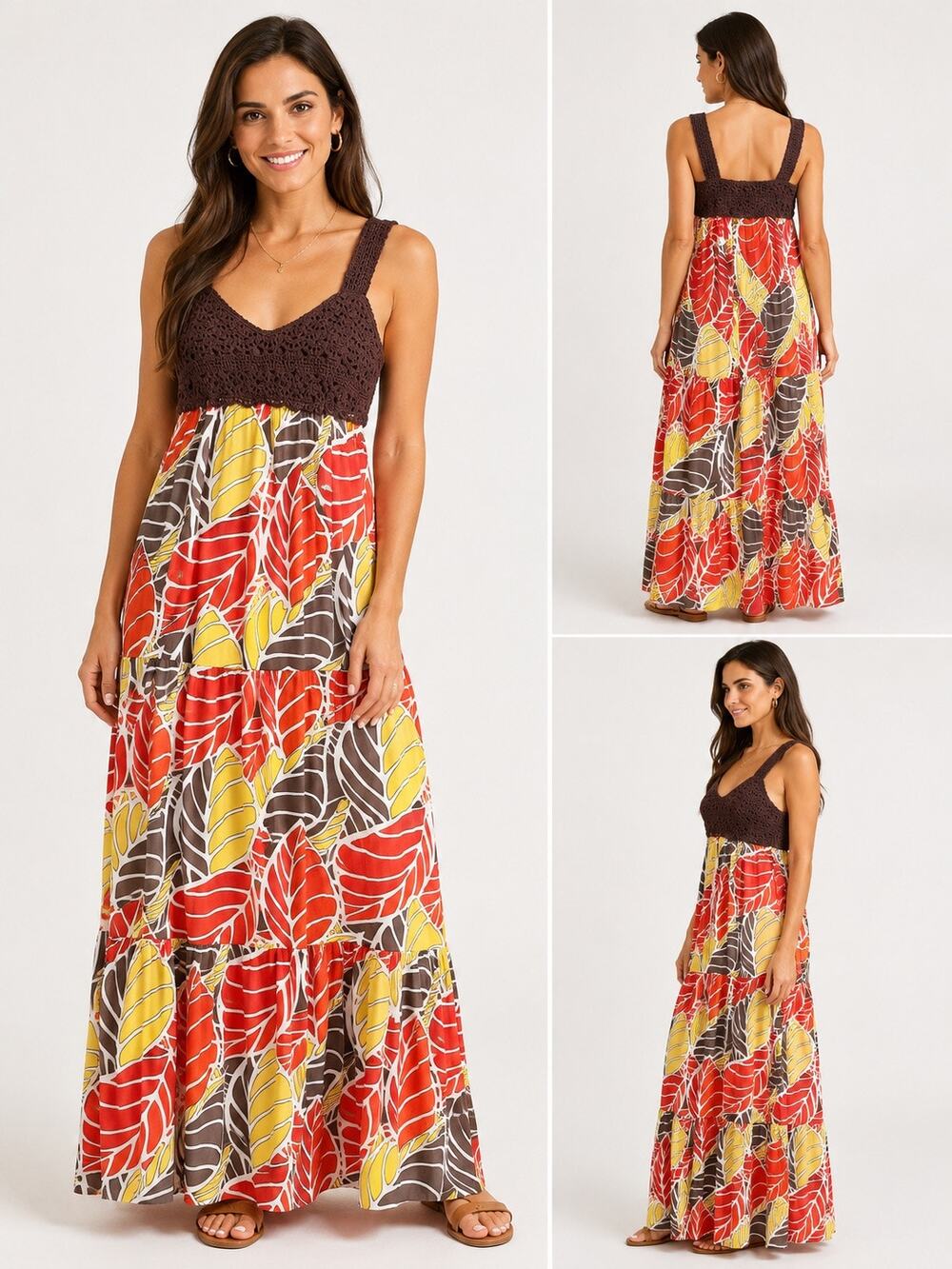 AGB Crochet Bodice Tropical Leaf Print Maxi Dress Brown Boho Tiered NWT Medium